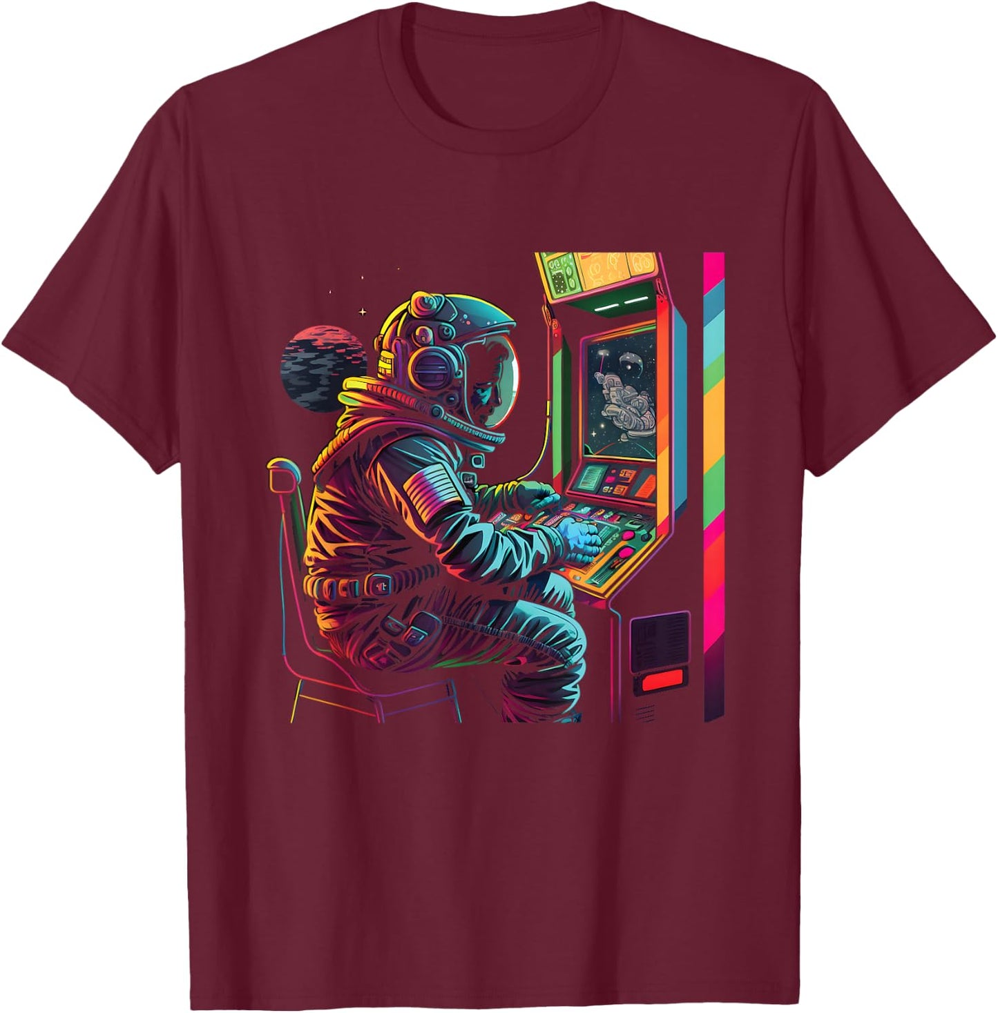 Retro Arcade Planets Universe Gaming Astronaut T-Shirt - T-Shirt | Maroon