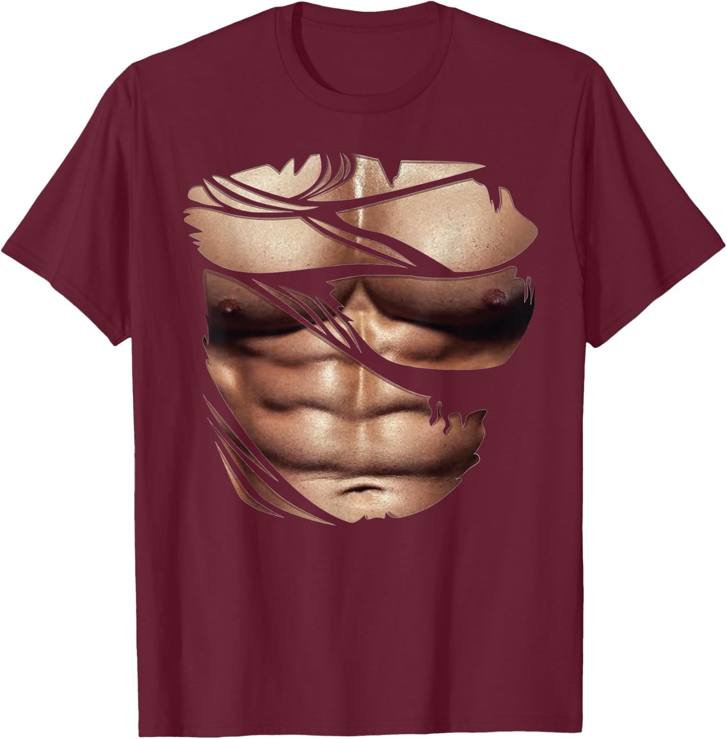 Fake Muscles Ripped Torn Chest Six Pack Abs Fitness Model T-Shirt - T-Shirt | Maroon