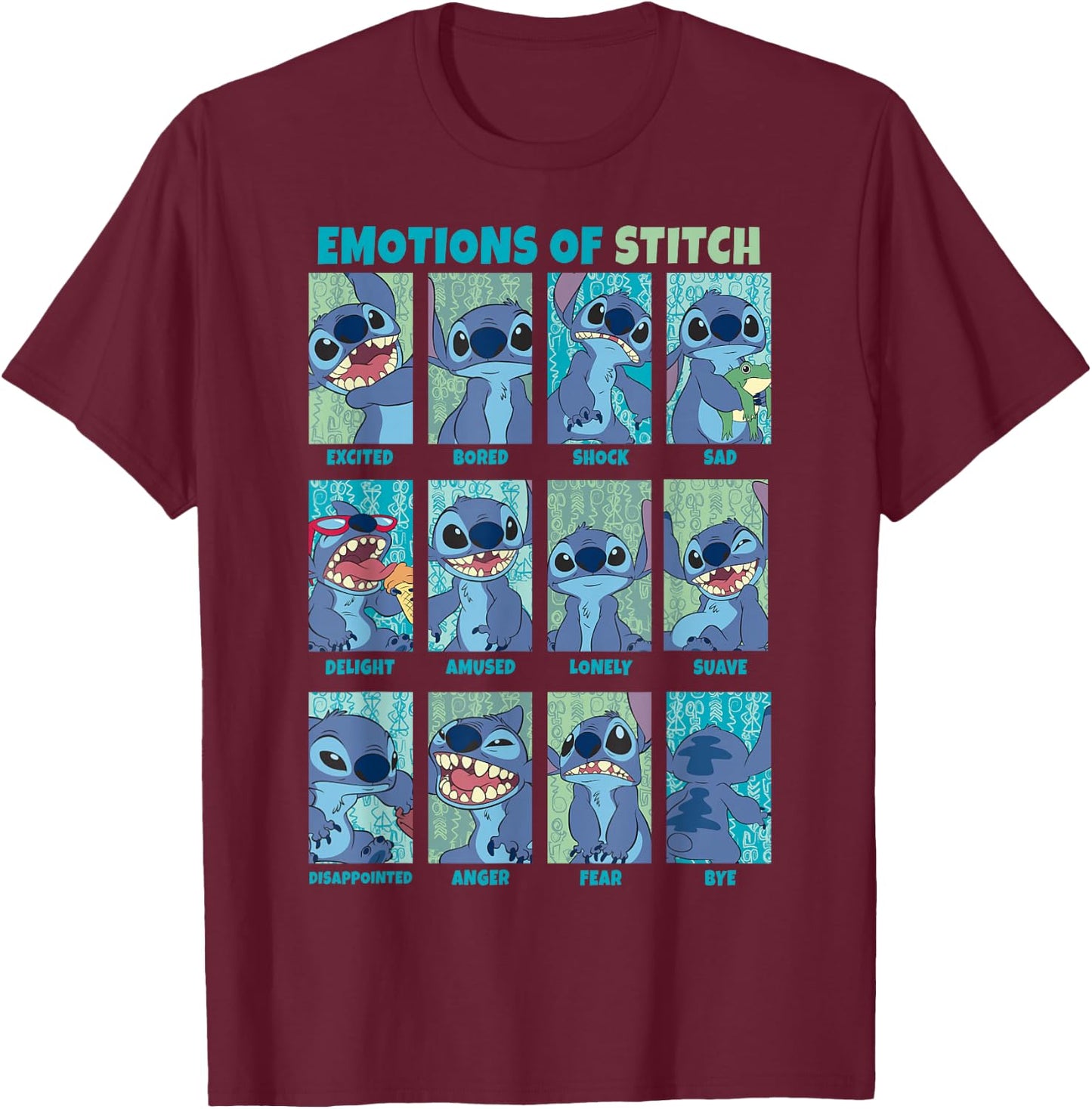Disney Lilo & Stitch Emotions of Stitch Box Up Panels T-Shirt - T-Shirt | Maroon