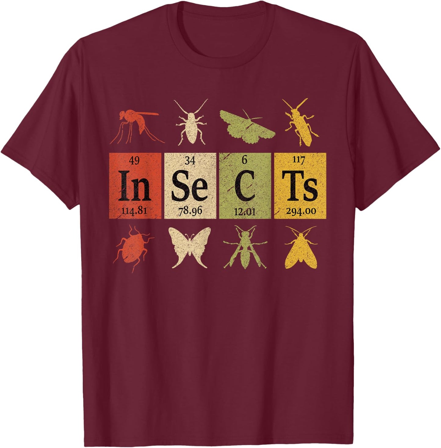 Insects Periodic Table Elements Entomologist Retro Bugs T-Shirt - T-Shirt | Maroon