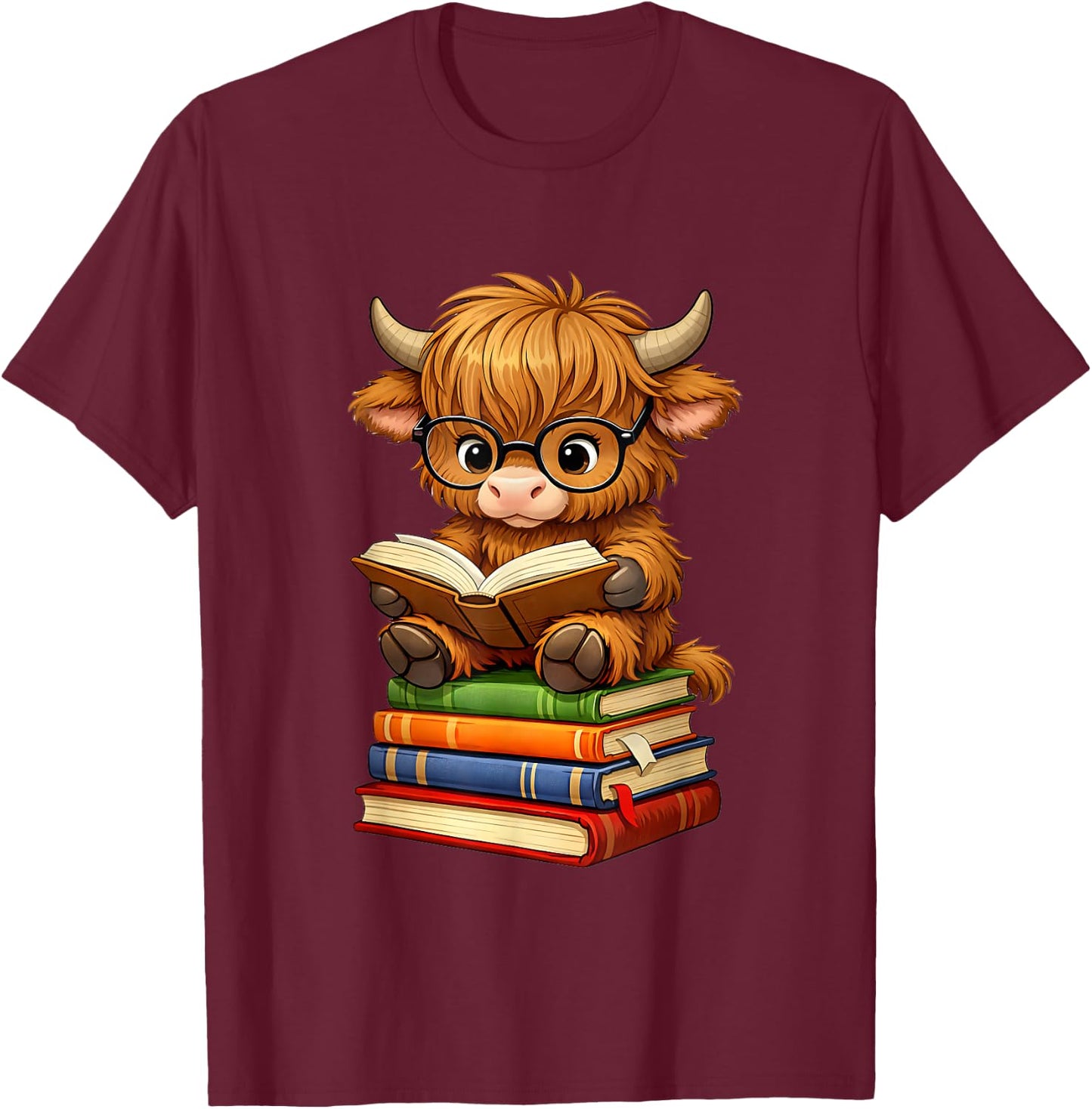 Cute Highland Cow with Glasses Reading Books T-Shirt - T-Shirt | Maroon