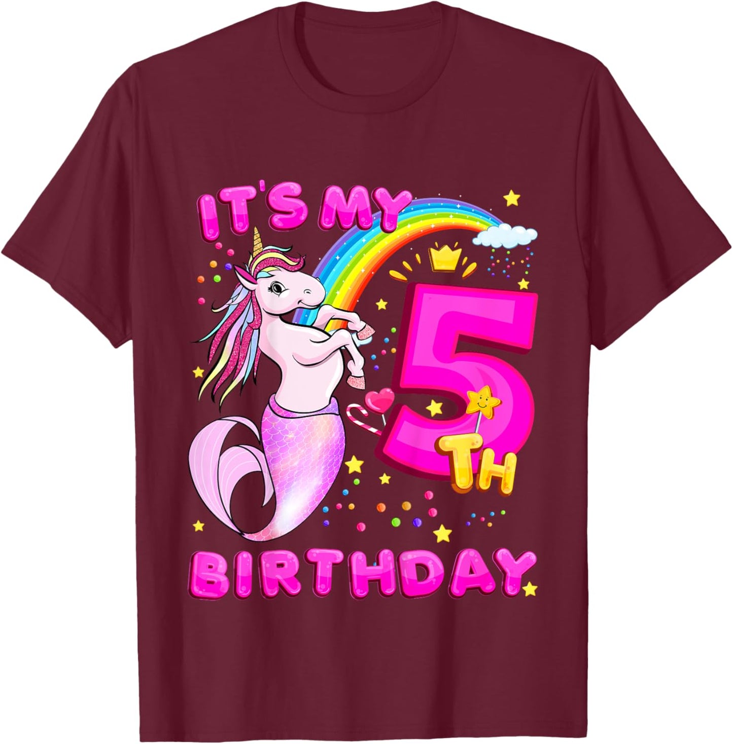 5th Birthday Unicorn Mermicorn Mermaid Gifts For Girls T-Shirt - T-Shirt | Maroon