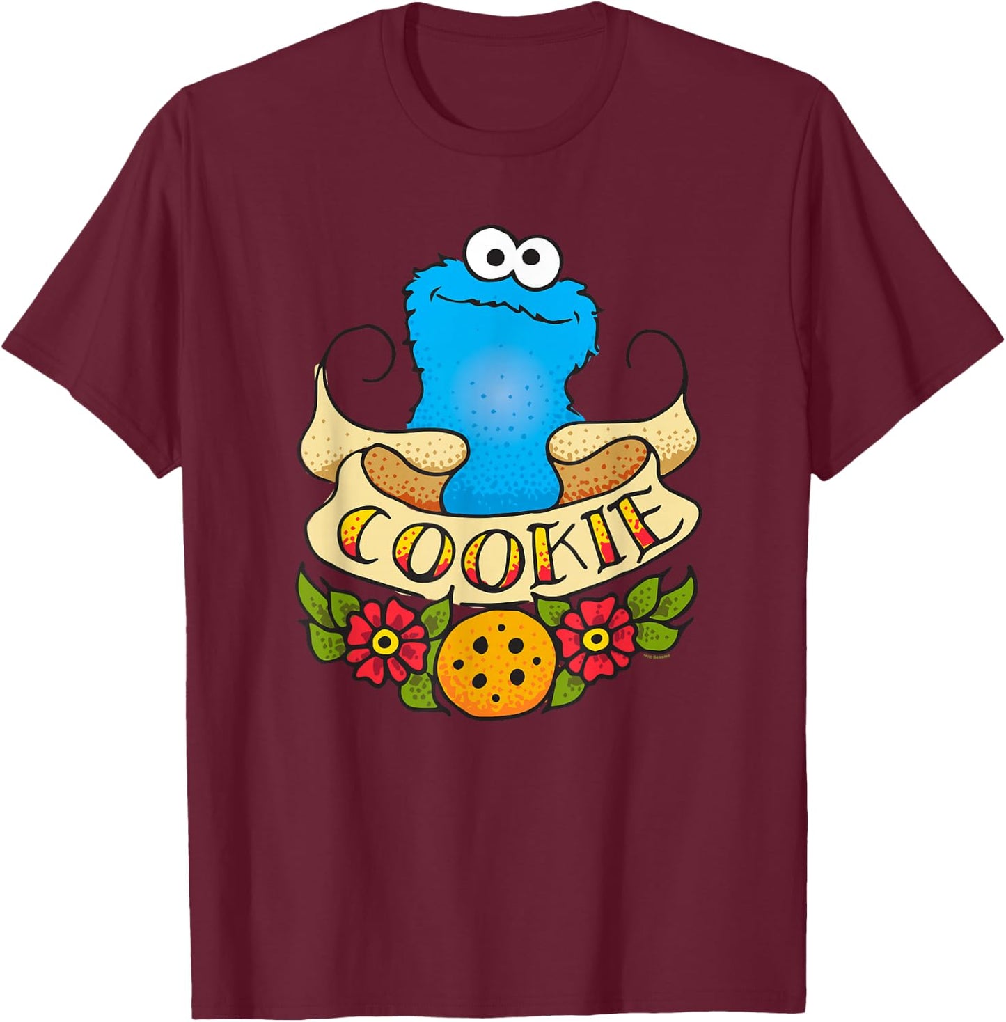 Sesame Street Cookie Monster Cookie Tattoo T-Shirt - T-Shirt | Maroon