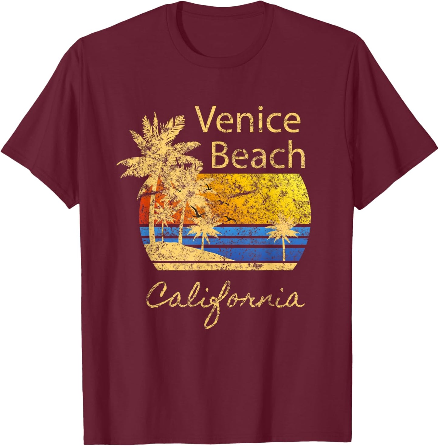 Original Venice Beach CA Sunset Distressed Novelty Art Women Kids T-Shirt - T-Shirt | Maroon