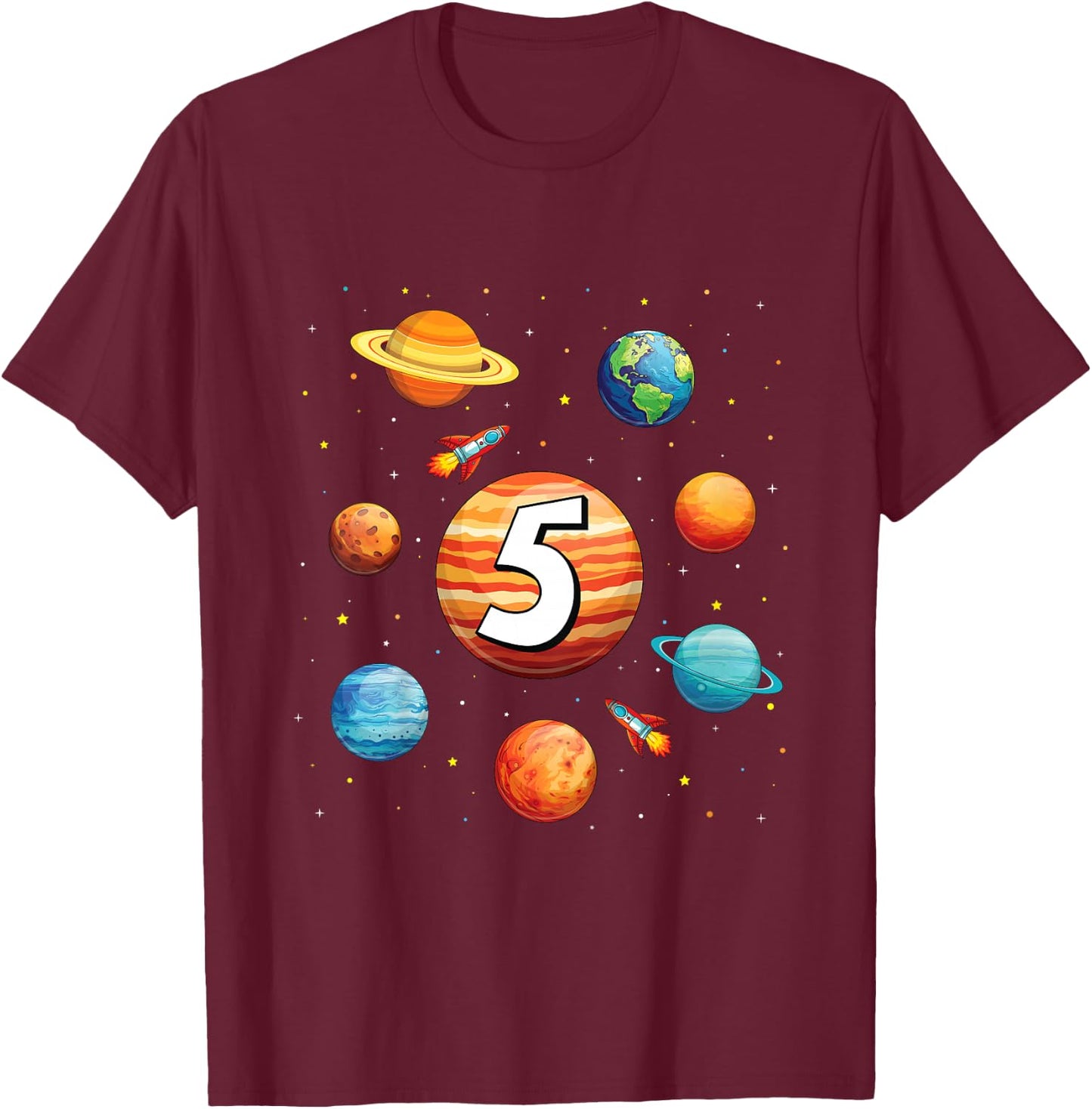 Kids 5 Year Old Shirt Boys Kids Space Solar Planets 5th Birthday T-Shirt - T-Shirt | Maroon