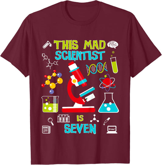 Mad Scientist Party Birthday Gift 7 Year Old T-Shirt - T-Shirt | Maroon