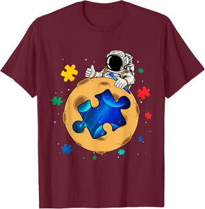 Promote Awareness of Autism Space Astronaut Puzzle Planet T-Shirt - T-Shirt | Maroon