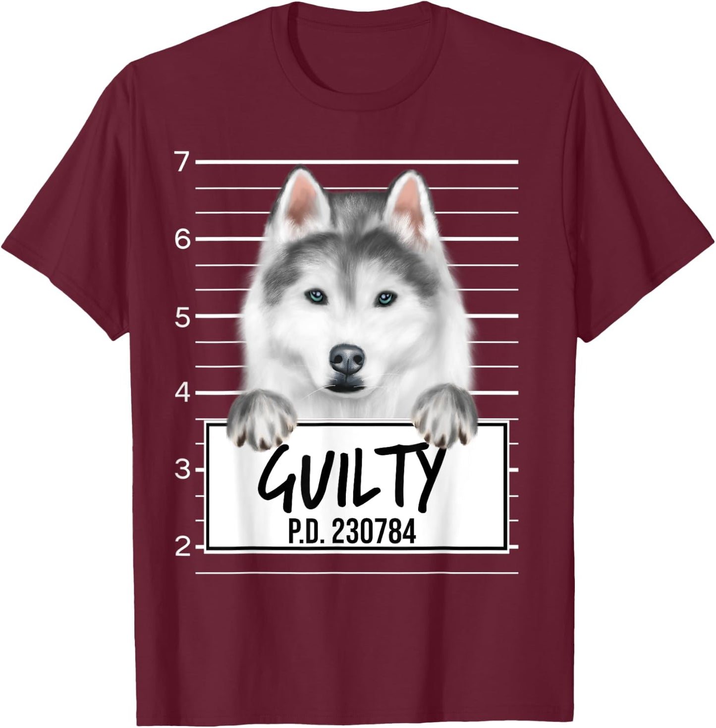 Funny Siberian Husky Mugshot Guilty Dog T-Shirt - T-Shirt | Maroon
