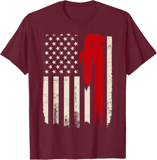 Plumber American Flag Patriotic Plumbing Wrench Pipefitter T-Shirt - T-Shirt | Maroon