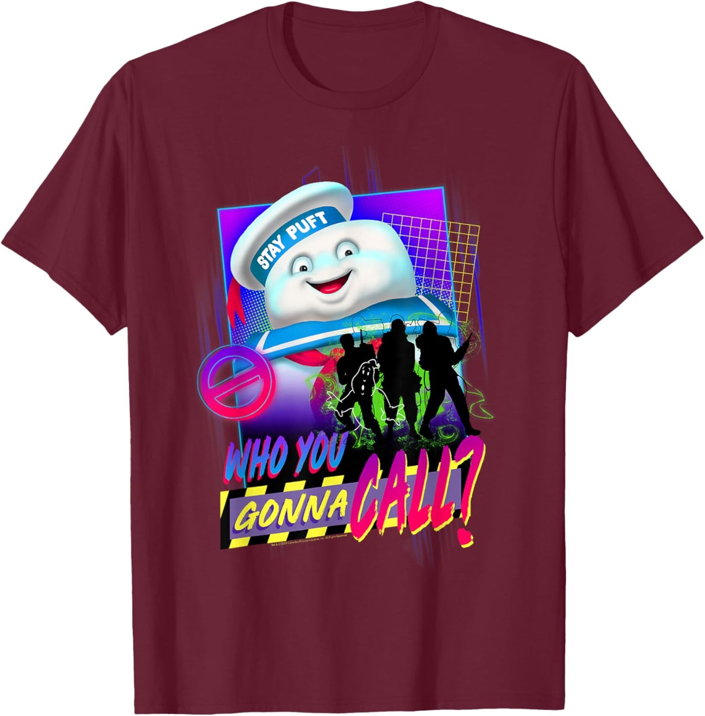 Ghostbusters Who You Gonna Call? Retro Neon Poster T-Shirt - T-Shirt | Maroon