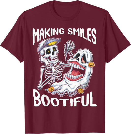 Making Smiles Bootiful Funny Ghost Dentist Halloween Dental T-Shirt - T-Shirt | Maroon