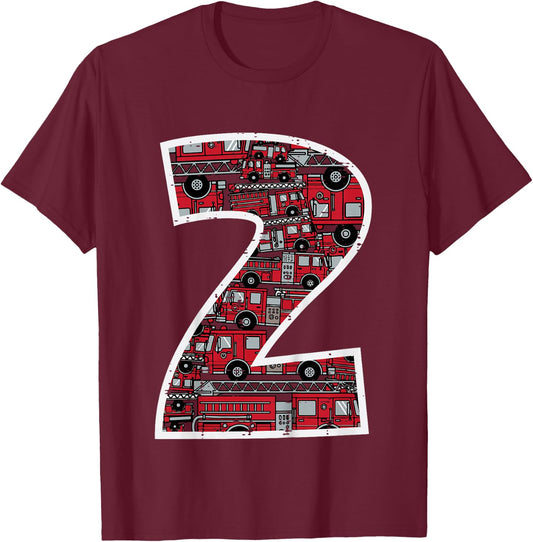 Kids 2nd Birthday 2 Firetrucks Firefighter Fireman Bday Boys Kids T-Shirt - T-Shirt | Maroon