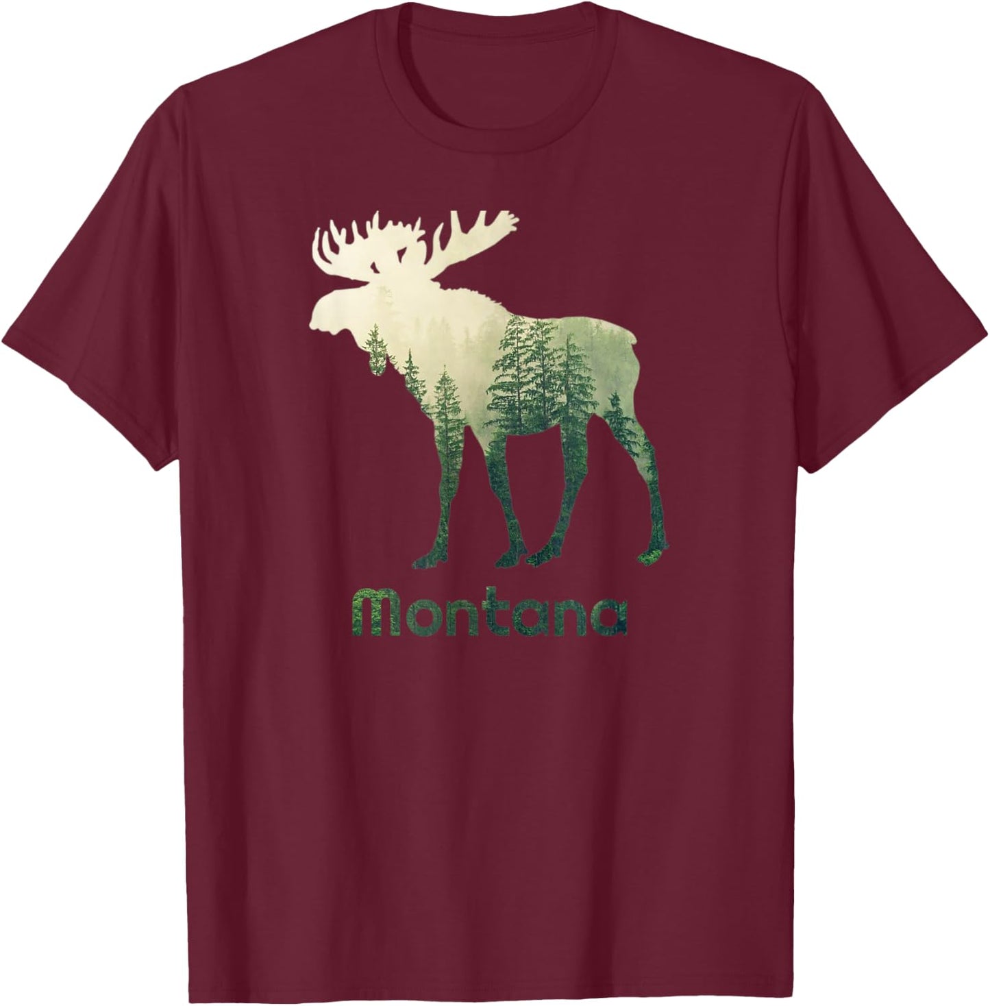 State Of Montana Moose Forest Tree Hunter Wildlife Gift T-Shirt - T-Shirt | Maroon