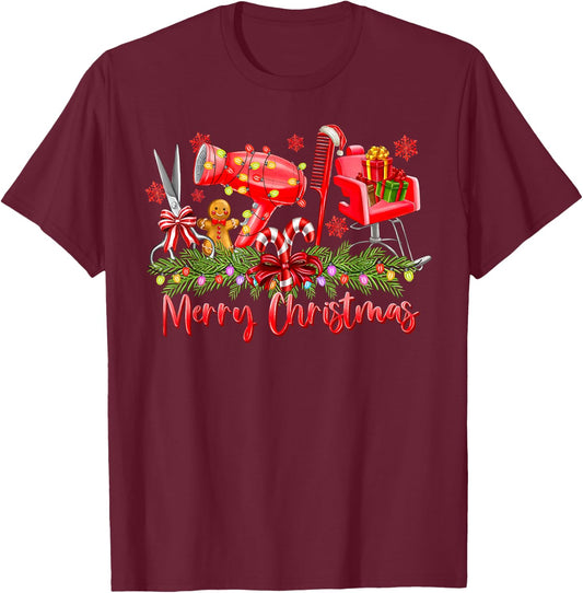 Merry Christmas Lights Hairstylist Tool Hairdresser Barber T-Shirt - T-Shirt | Maroon