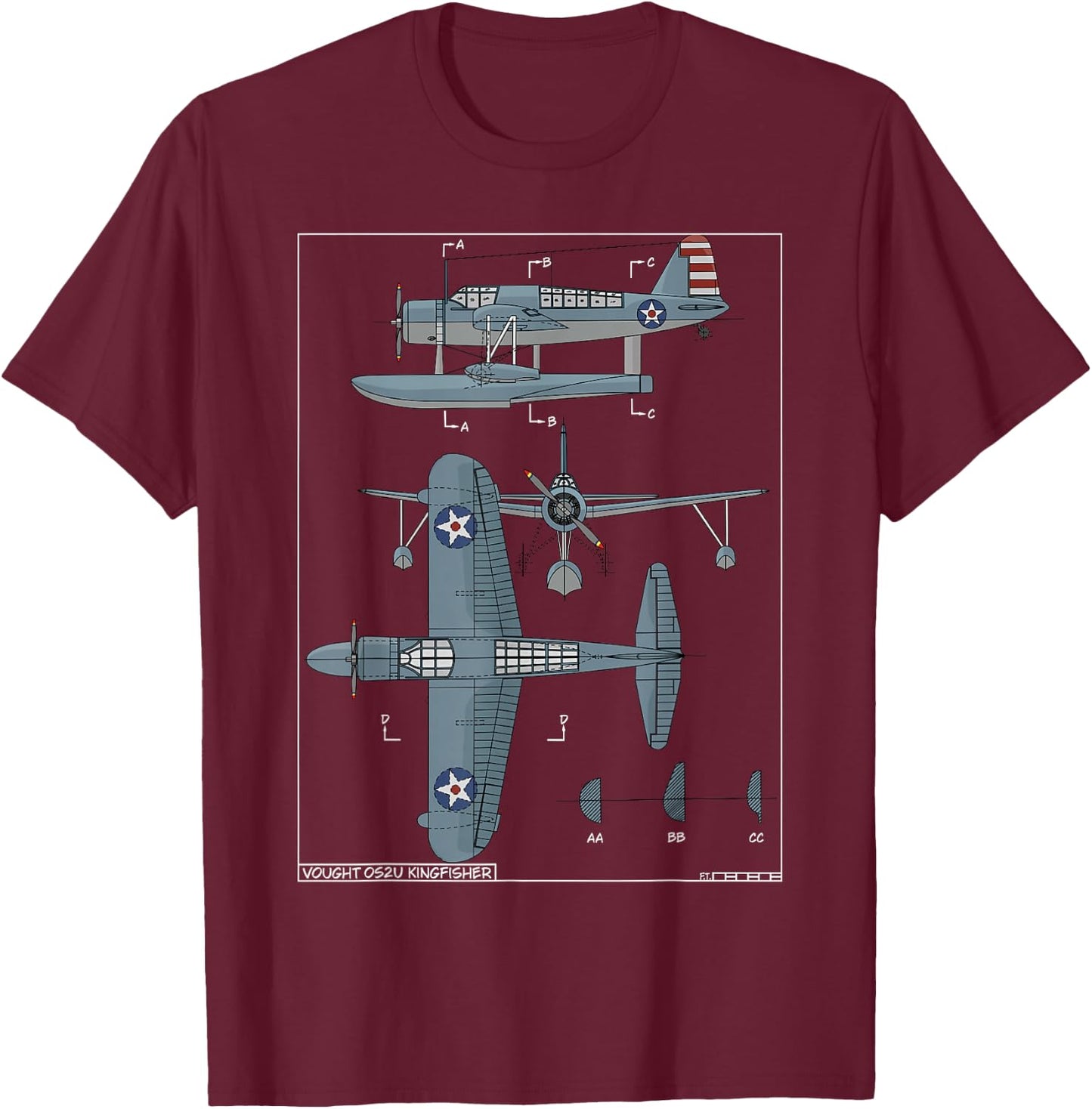 Vought OS2U Kingfisher American WW2 Floatplane Color Diagram T-Shirt - T-Shirt | Maroon