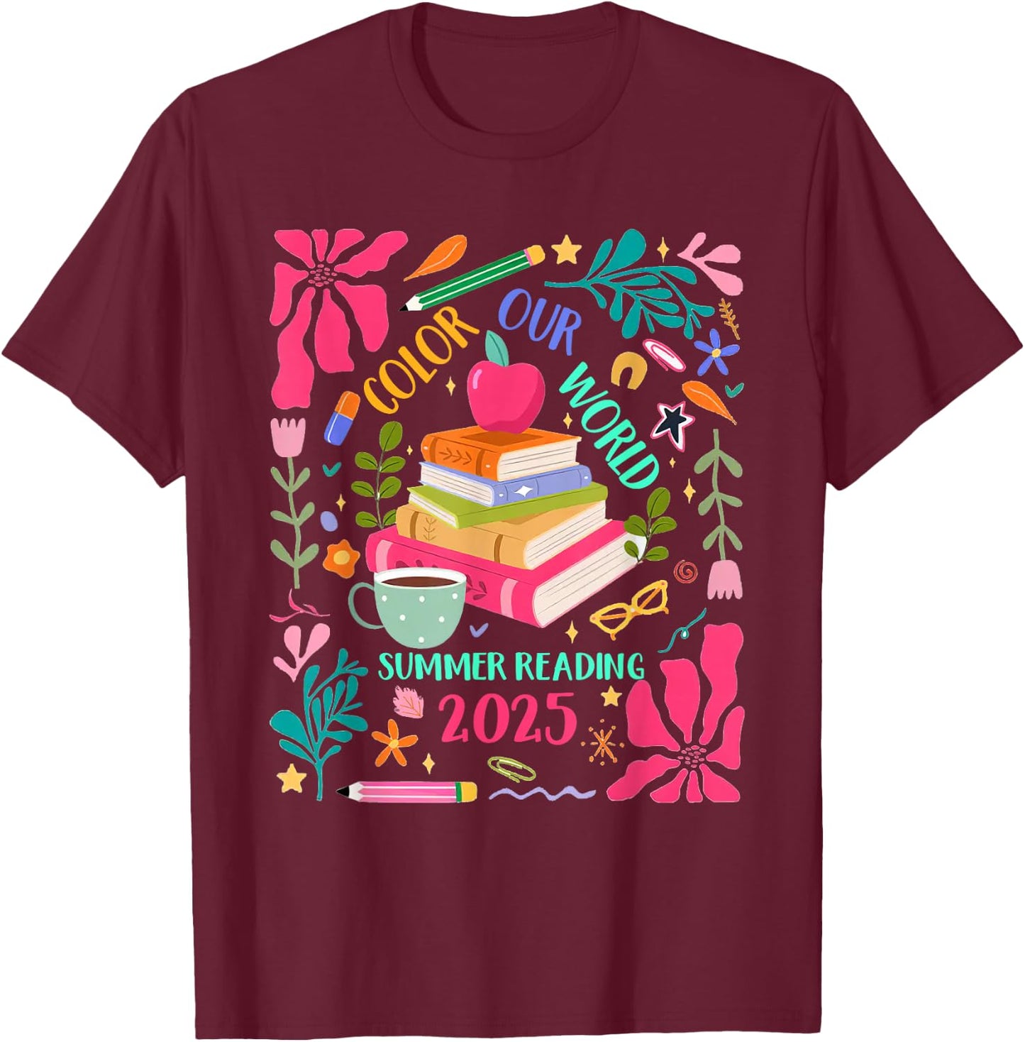 Color Our World Summer Reading 2025 Boho Wildflower Book T-Shirt - T-Shirt | Maroon