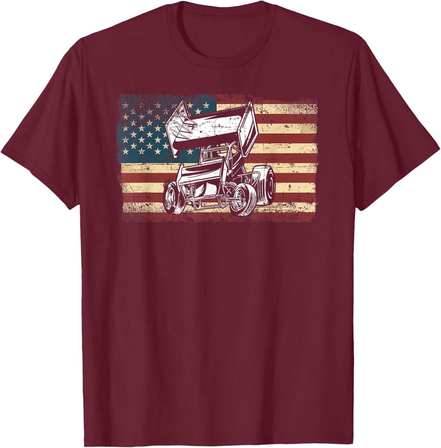 Dirt Track Racing Sprint Car Vintage Retro American Flag T-Shirt - T-Shirt | Maroon