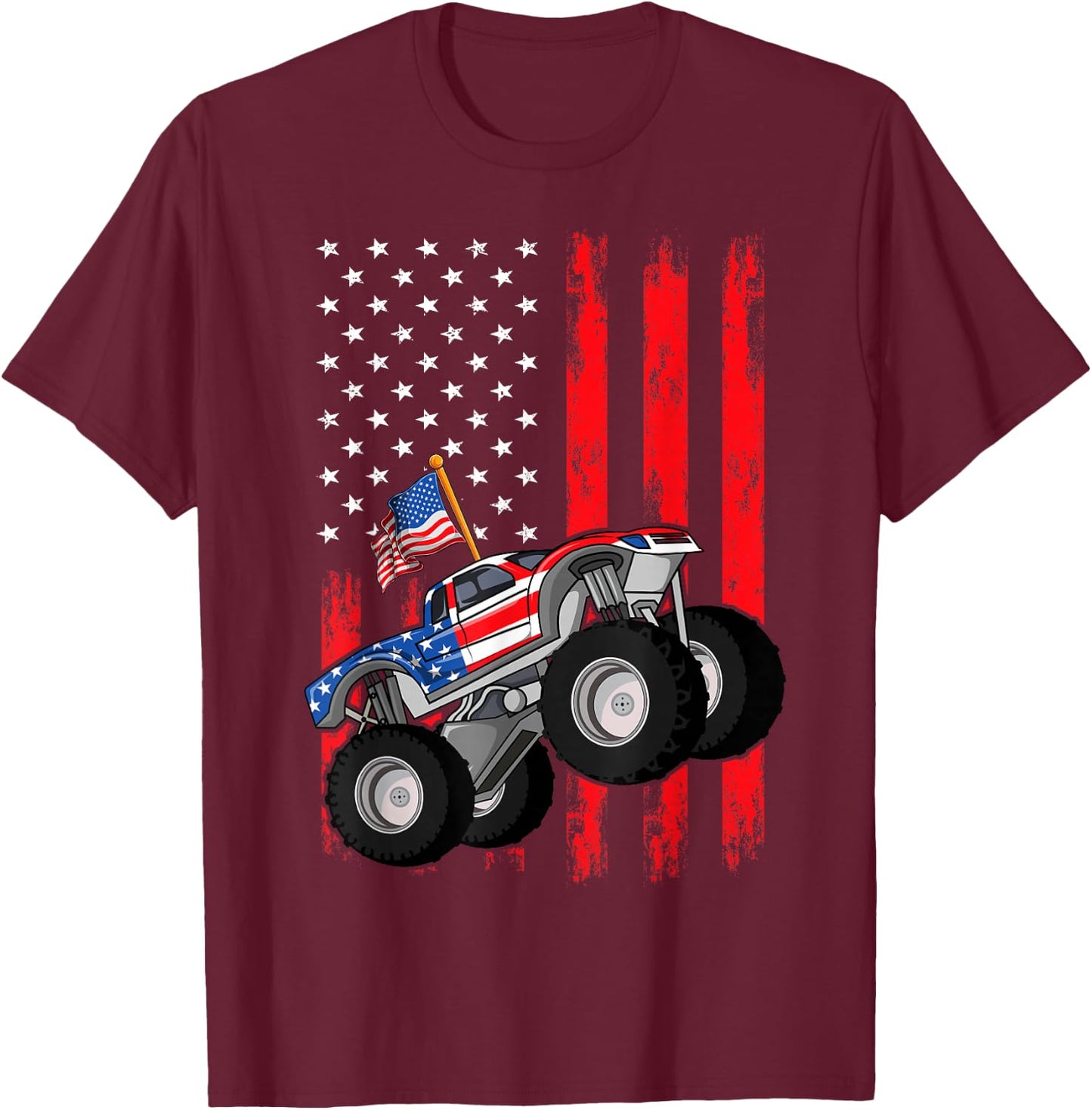 Kid Monster Truck Shirt, Toddler Boys American Flag July 4th T-Shirt - T-Shirt | Maroon