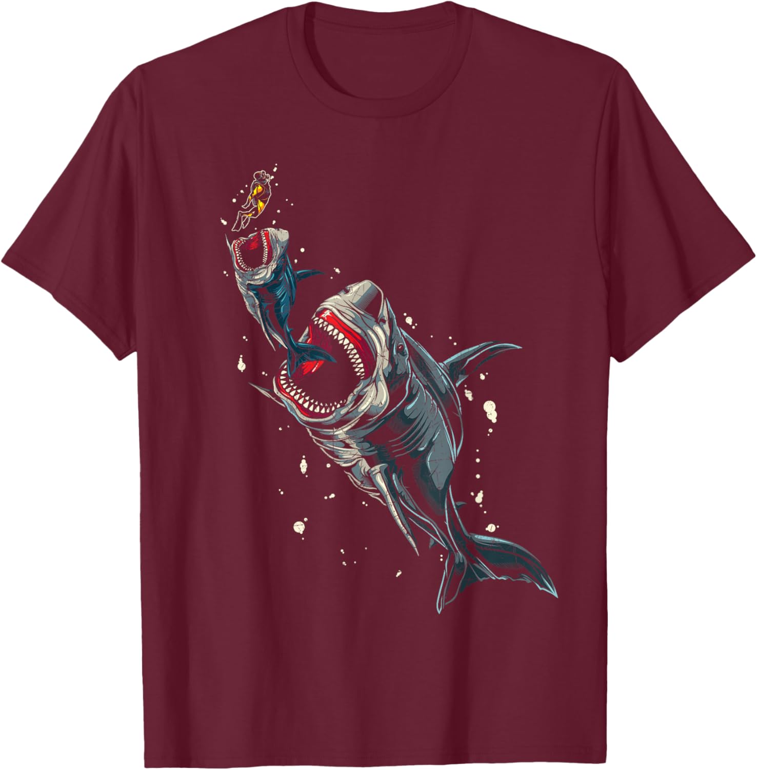 Scary Megalodon Scuba Diver Sea Monster Ocean Animal Shark T-Shirt - T-Shirt | Maroon