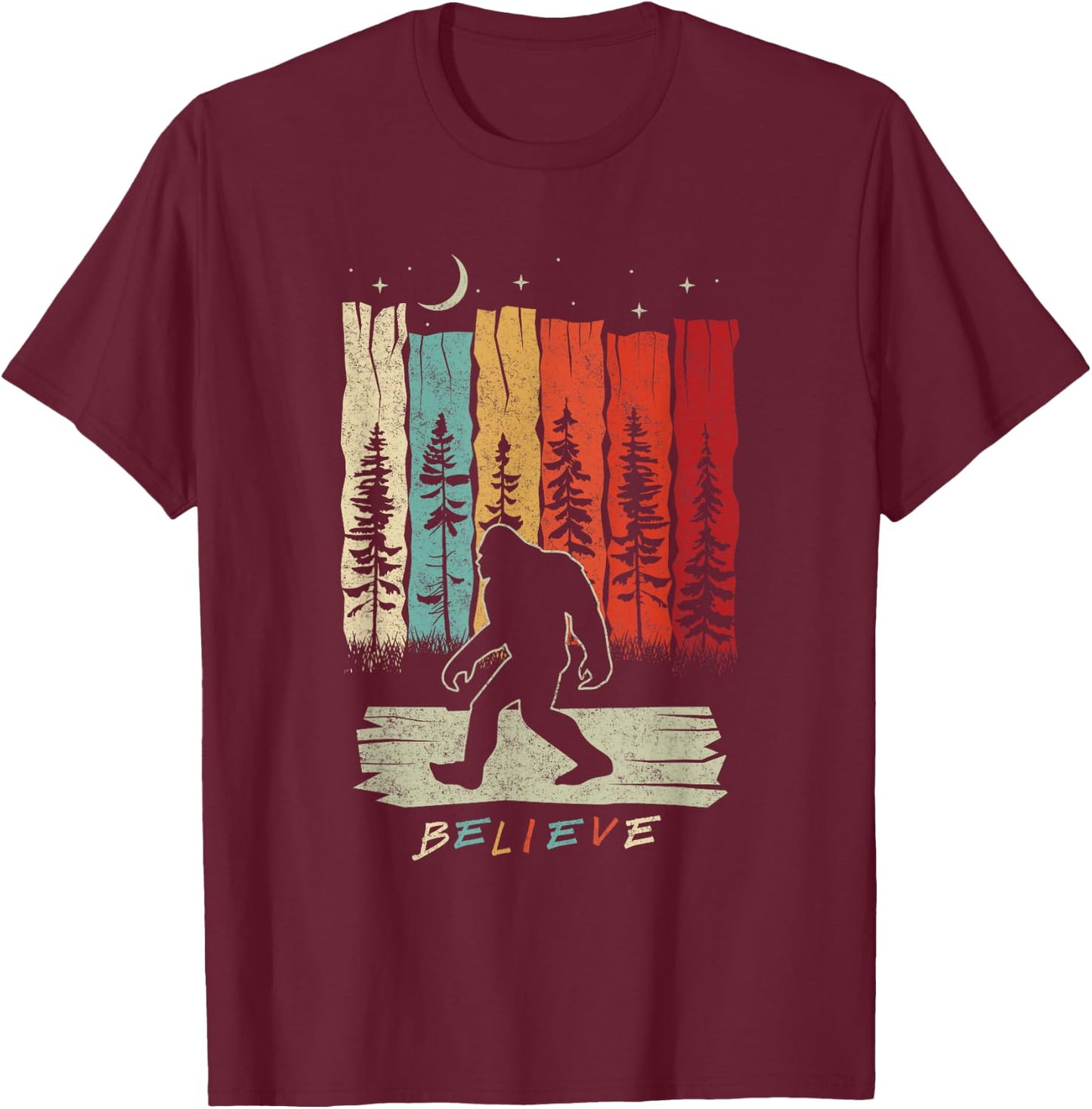 Bigfoot Night Moon Shirt Believe Sasquatch Retro Men Kids T-Shirt - T-Shirt | Maroon