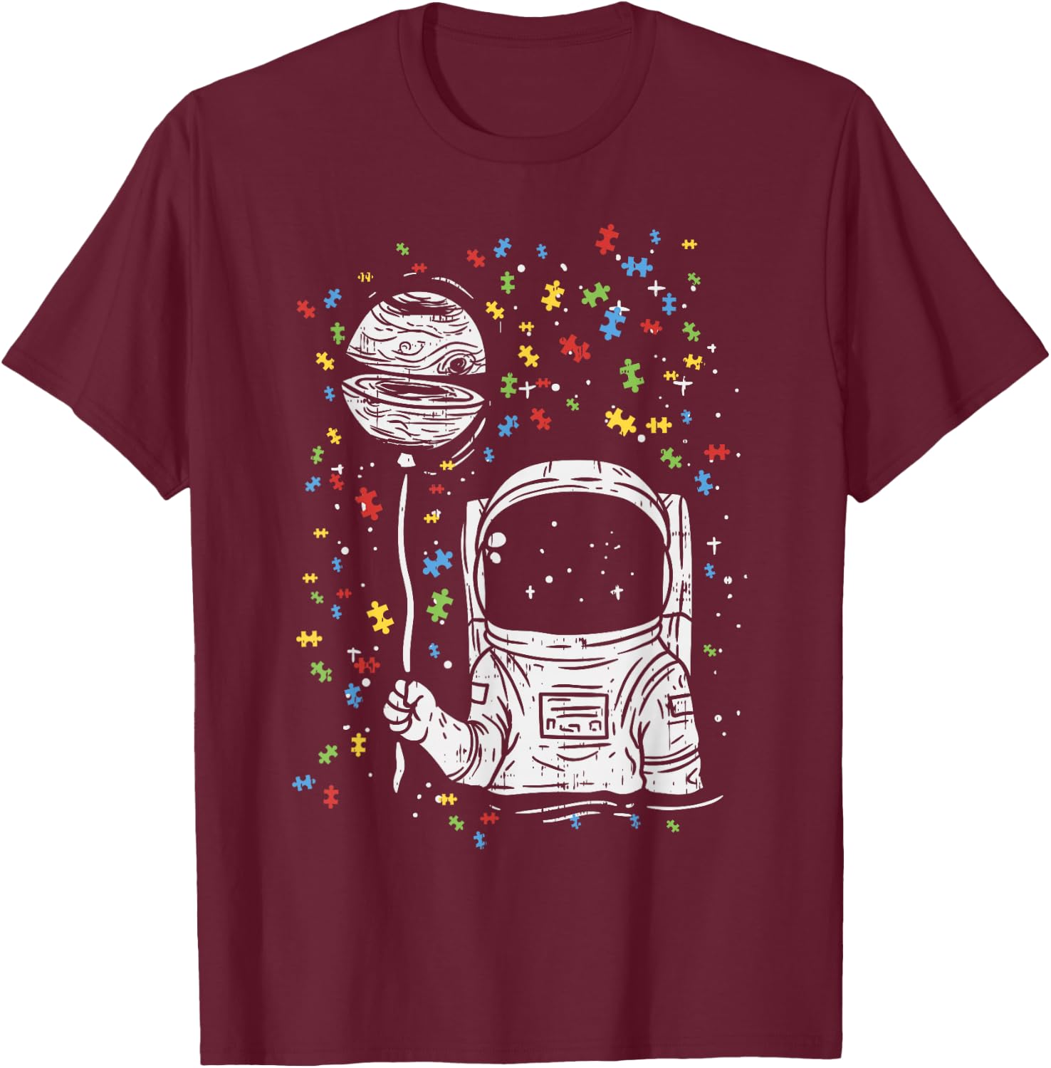 Astronaut Balloon Autism Awareness Space Kids Boy Gift T-Shirt - T-Shirt | Maroon