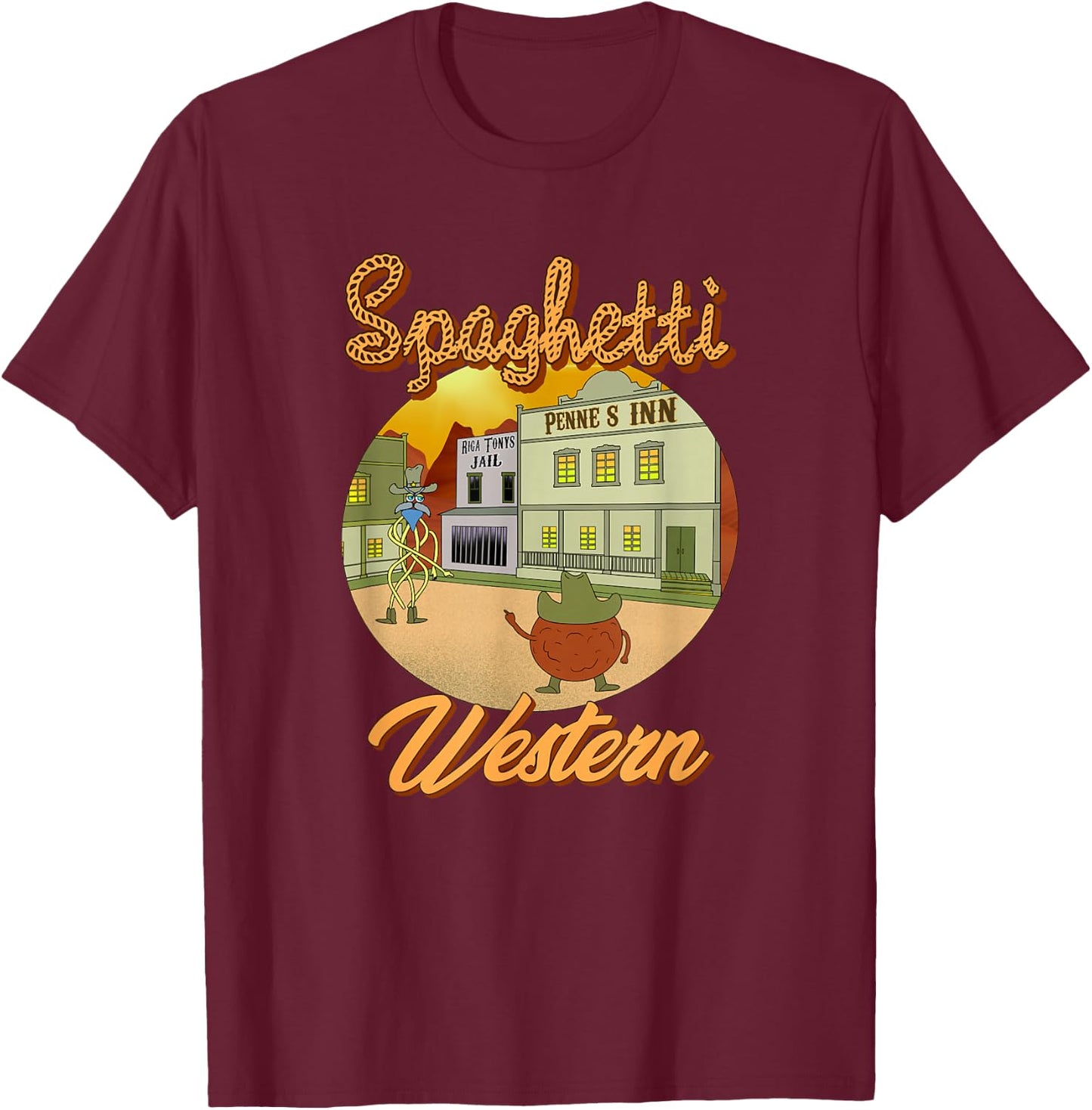 Spaghetti Western, Funny Italian Spaghetti, Pasta Meatballs T-Shirt - T-Shirt | Maroon