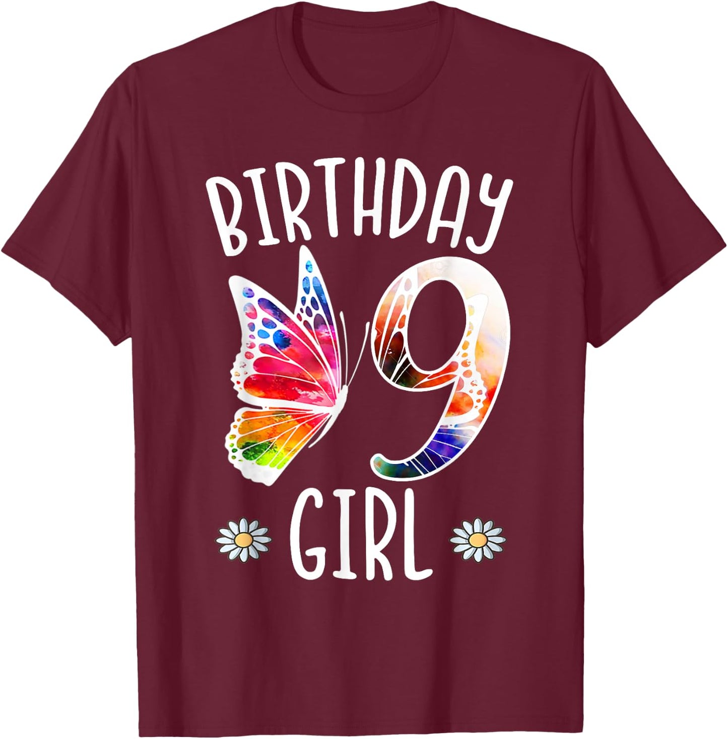 9th Birthday Girl Butterflies 9 Years Old Girls Butterfly T-Shirt - T-Shirt | Maroon