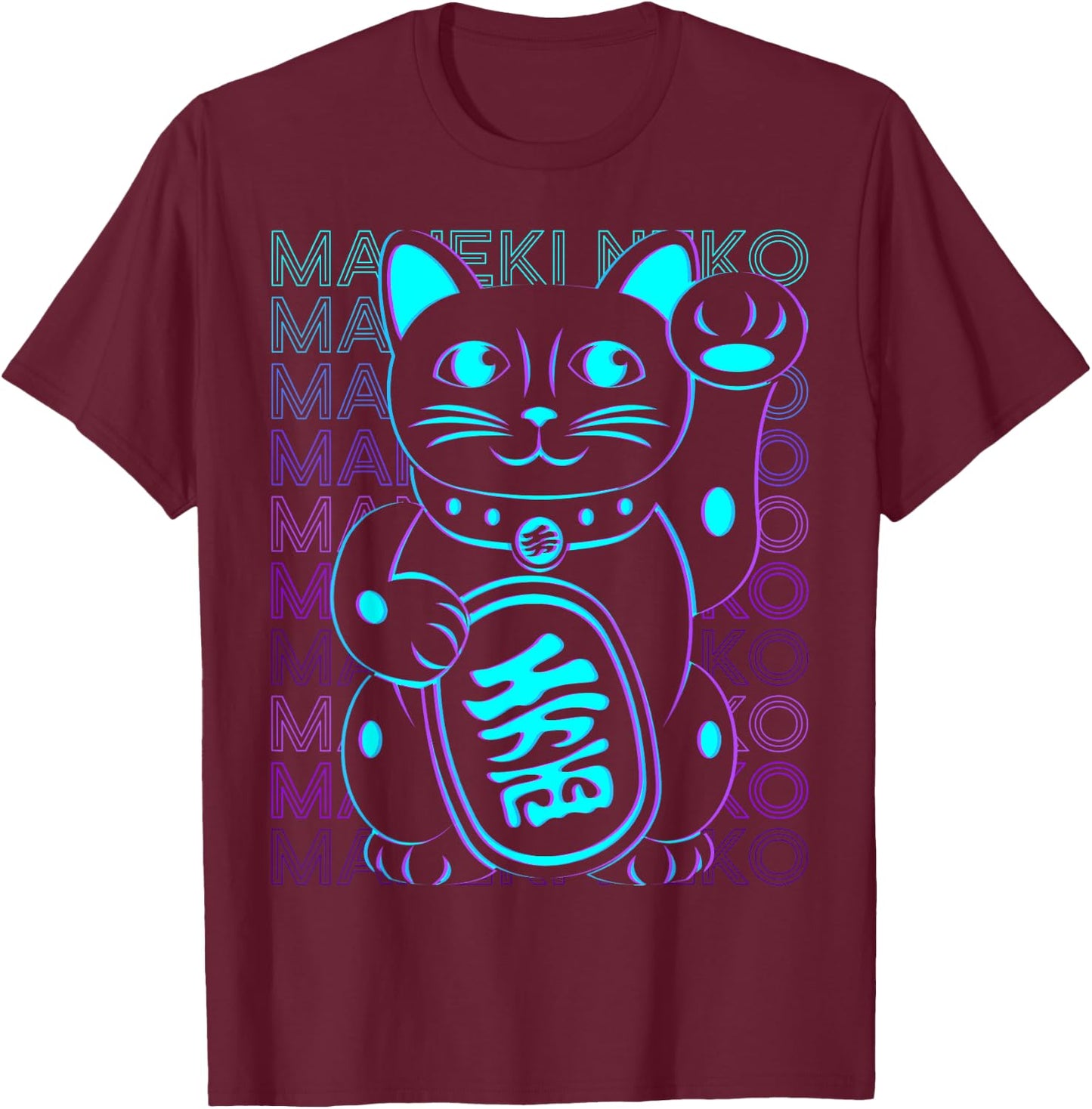 Maneki Neko Cat Japanese Lucky Cat Retro T-Shirt - T-Shirt | Maroon