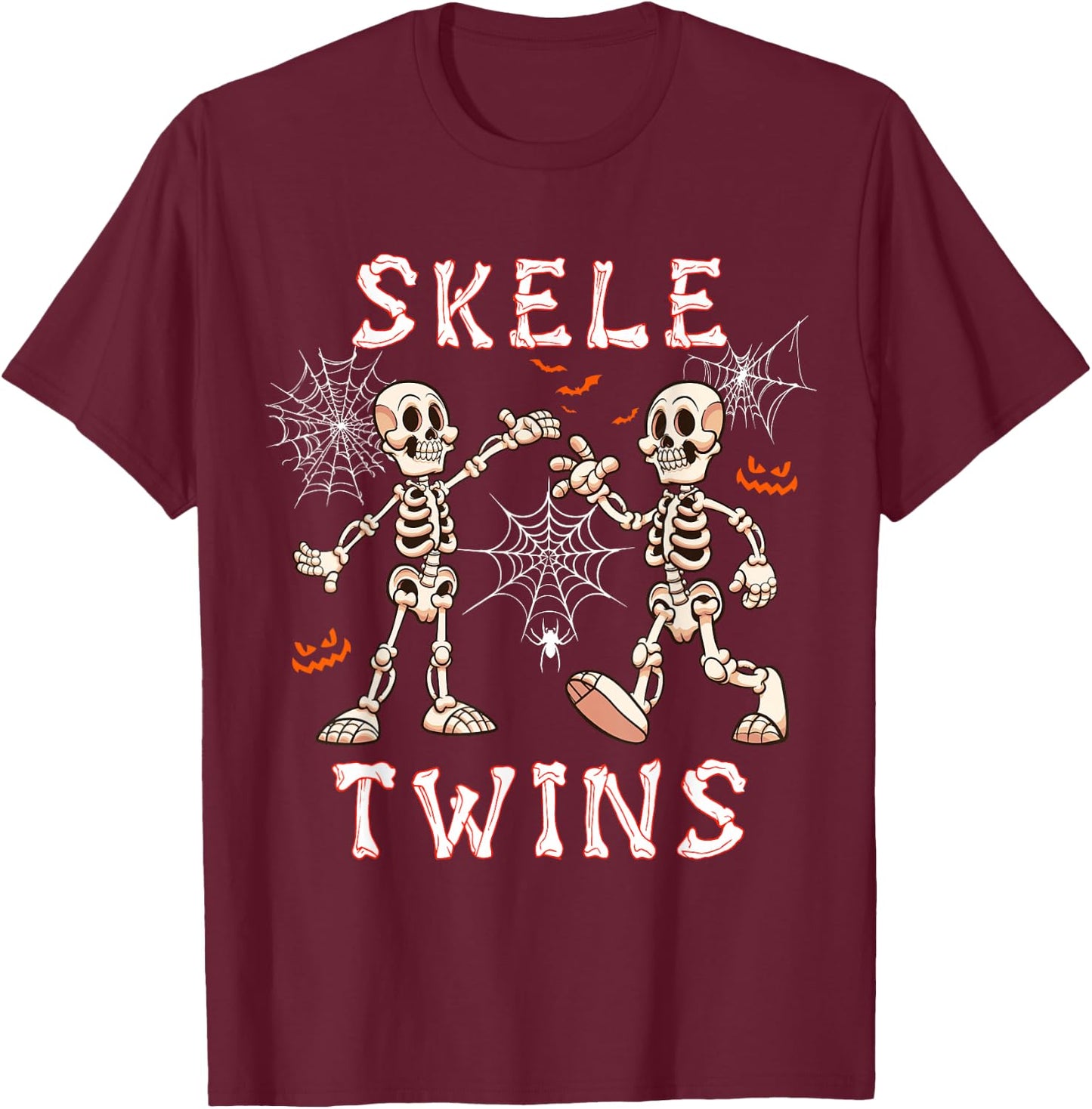 Skele Cute Twins Halloween Two Horror Skeletons Lover Family T-Shirt - T-Shirt | Maroon