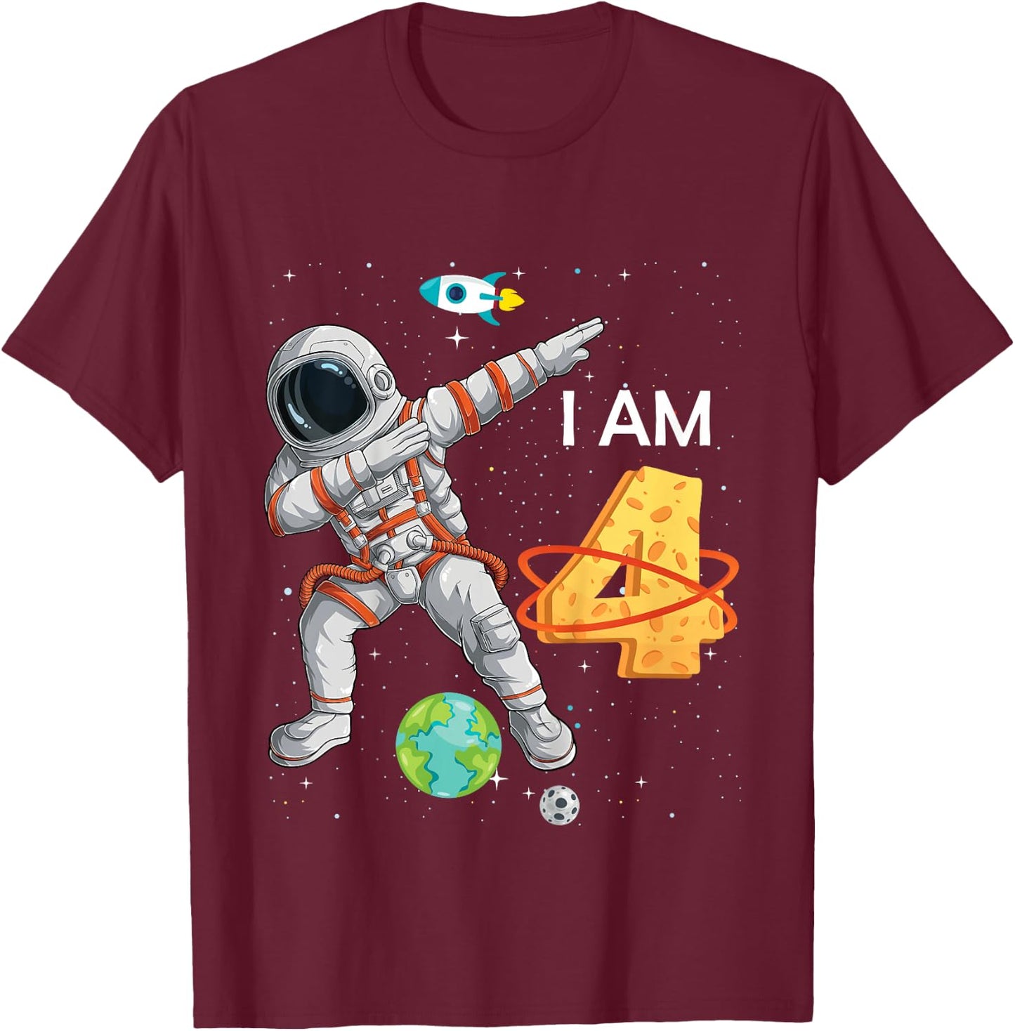 Kids 4 Years Old Birthday Boy Astronaut Space 4th B-Day T-Shirt - T-Shirt | Maroon