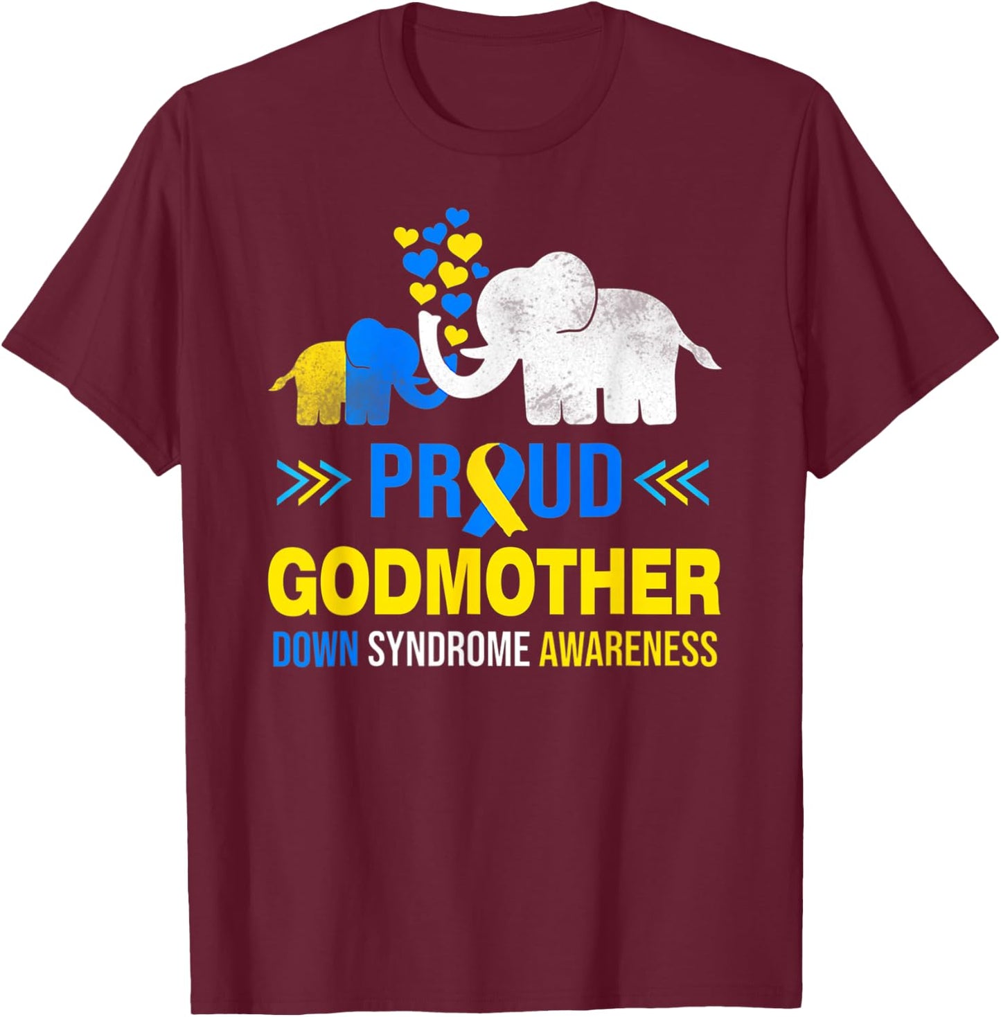 Proud Godmother Down Syndrome Awareness Blue Yellow Ribbon T-Shirt - T-Shirt | Maroon