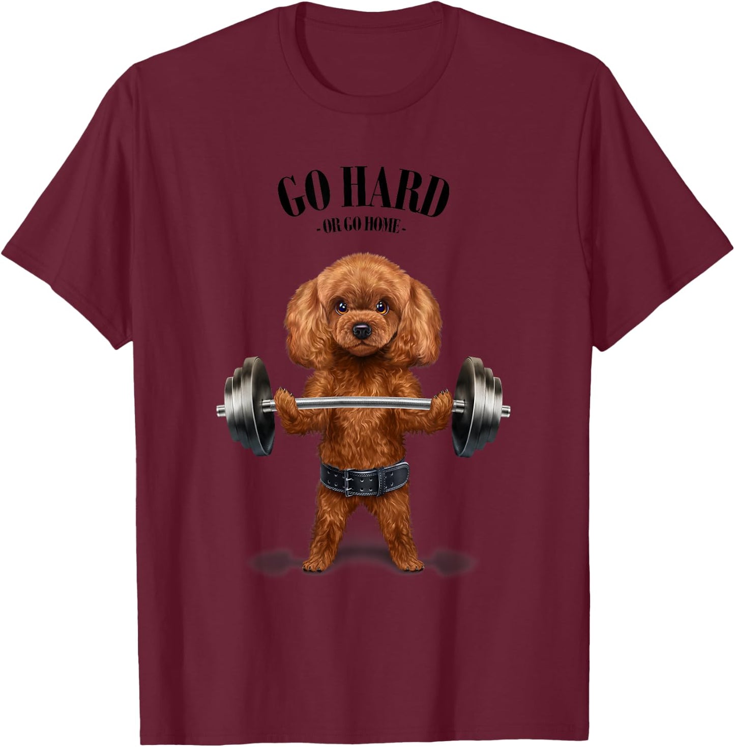 Tan Poodle Dog Weightlifting in Fitness Gym T-Shirt - T-Shirt | Maroon