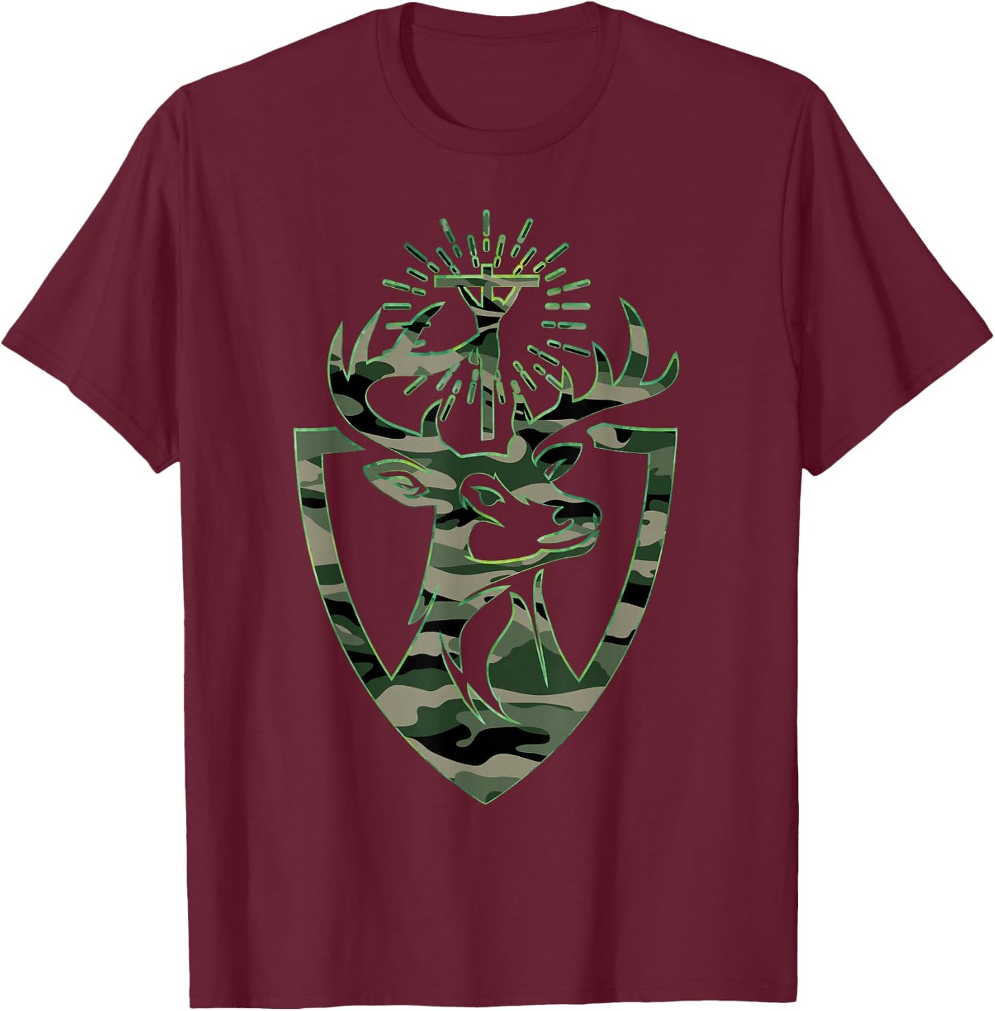 St. Hubert Hubertus Patron Saint of Hunter Deer Camo T-Shirt - T-Shirt | Maroon