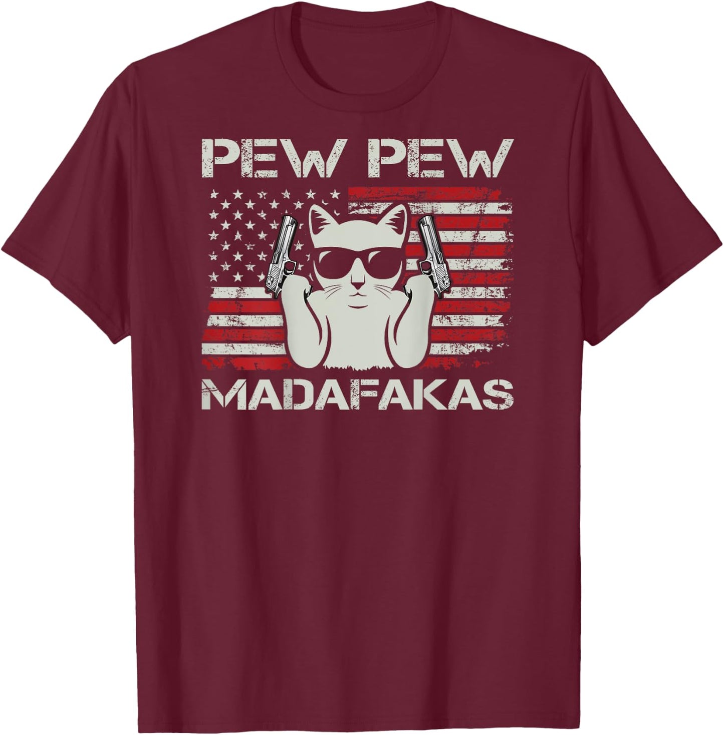 Vintage Cats Pew Pew Madafakas USA Funny Cat Lover (ON BACK) T-Shirt - T-Shirt | Maroon