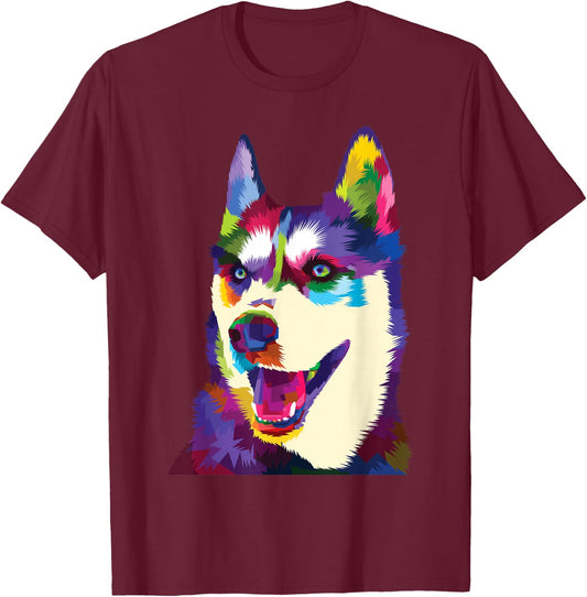 Colorful Dog Rainbow Siberian Husky Puppy Vibrant Dog Women Kids T-Shirt - T-Shirt | Maroon
