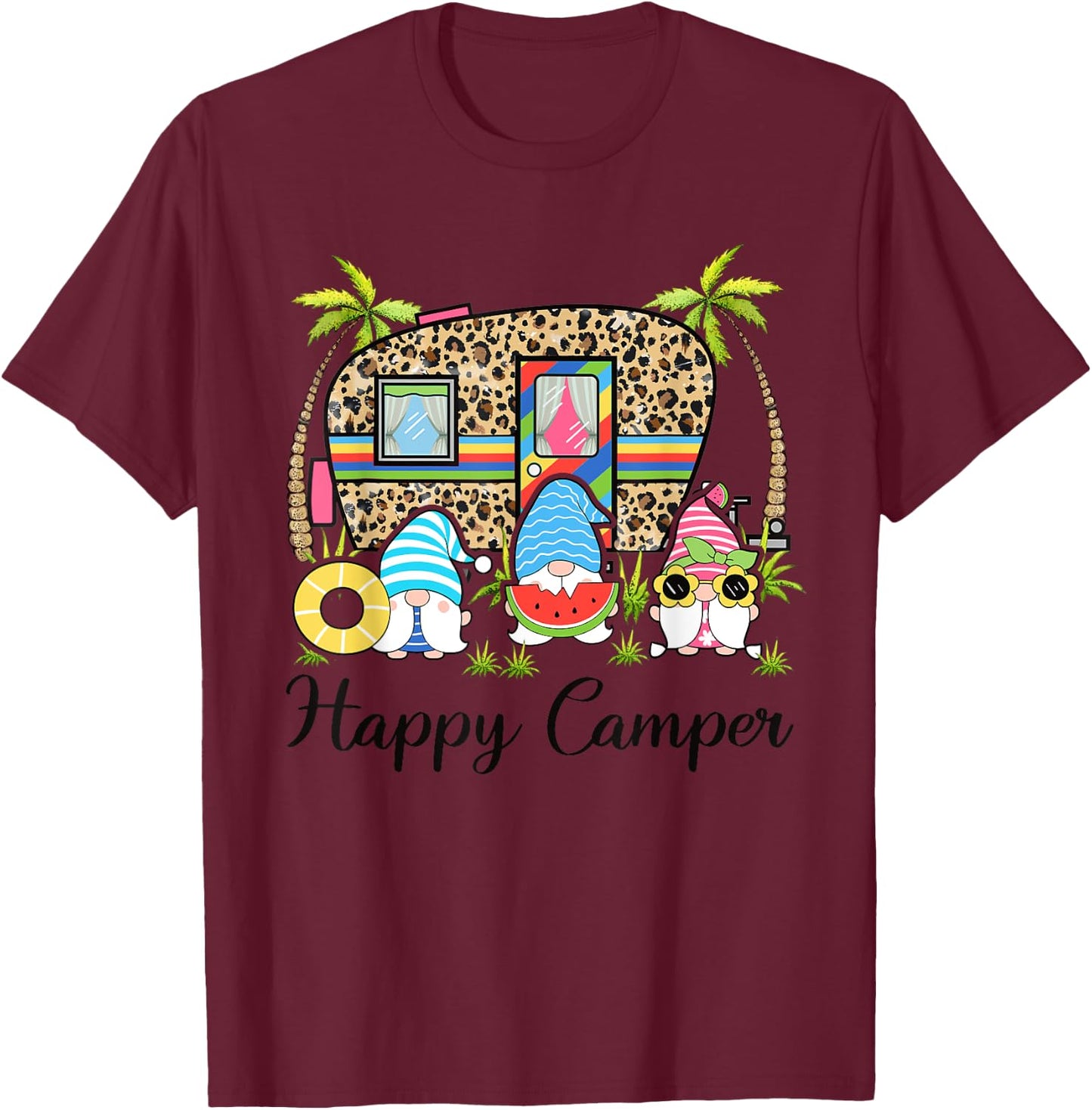 Leopard Camping RV Gnome Camper Happy Summer Camping T-Shirt - T-Shirt | Maroon