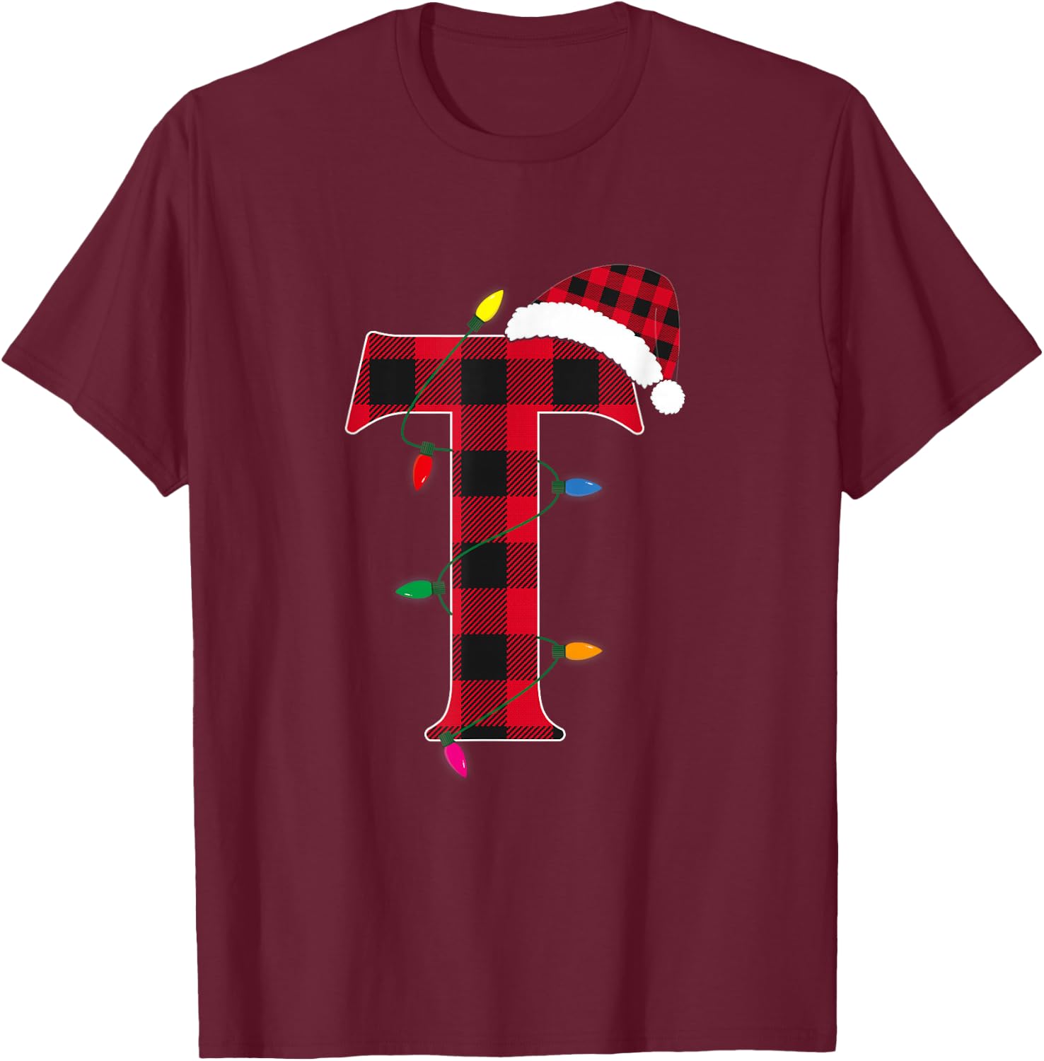 Awesome Letter T Initial Name Buffalo Plaid Christmas Pajama T-Shirt - T-Shirt | Maroon