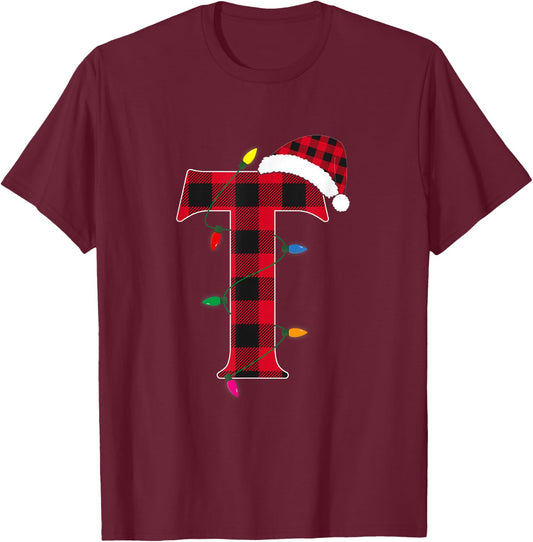 Awesome Letter T Initial Name Buffalo Plaid Christmas Pajama T-Shirt - T-Shirt | Maroon