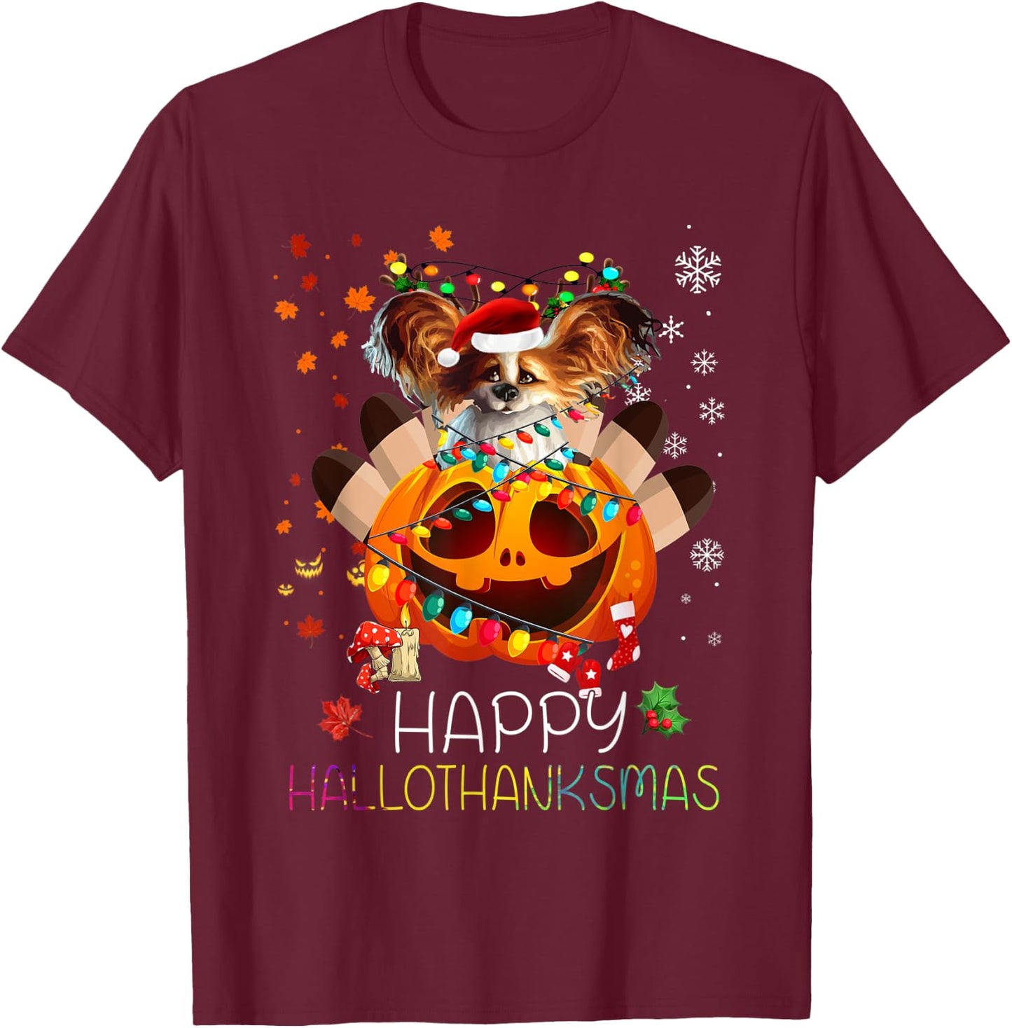 Funny Papillon Dog Happy Thanksgiving Halloween Xmas Pajama T-Shirt - T-Shirt | Maroon