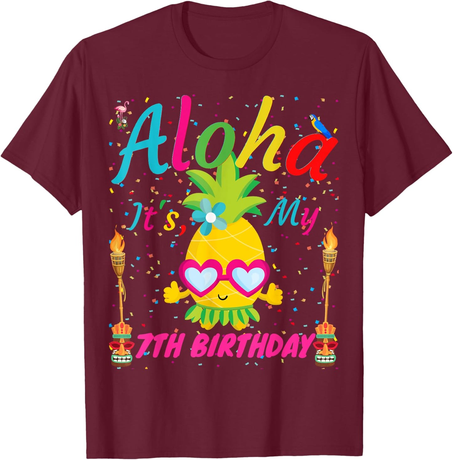 Aloha It's My 7th Birthday Hawaii Girls Sunglass Pineapple T-Shirt - T-Shirt | Maroon