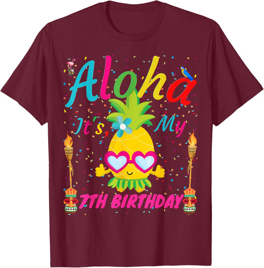 Aloha It's My 7th Birthday Hawaii Girls Sunglass Pineapple T-Shirt - T-Shirt | Maroon