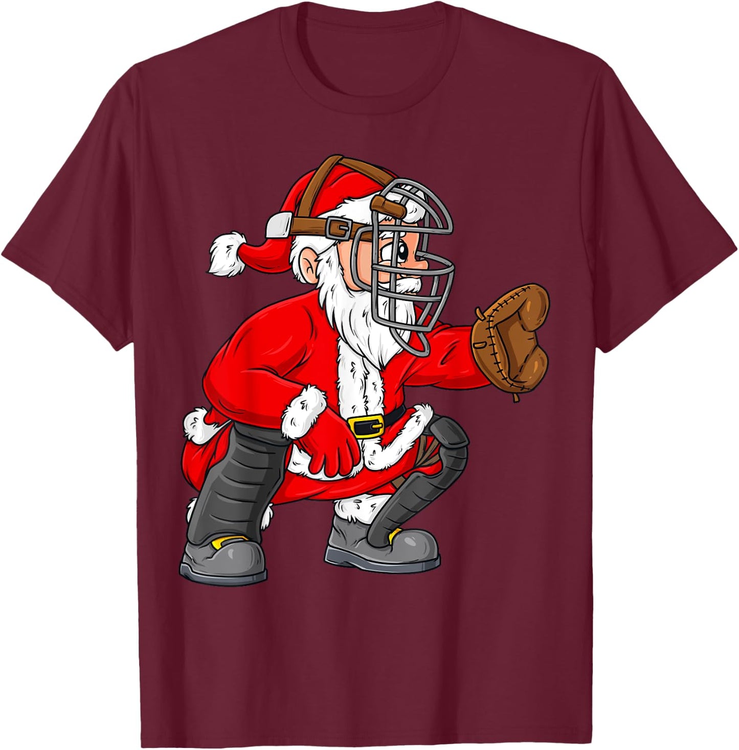 Christmas Santa Claus Baseball Catcher Boys Girls Kids Xmas T-Shirt - T-Shirt | Maroon
