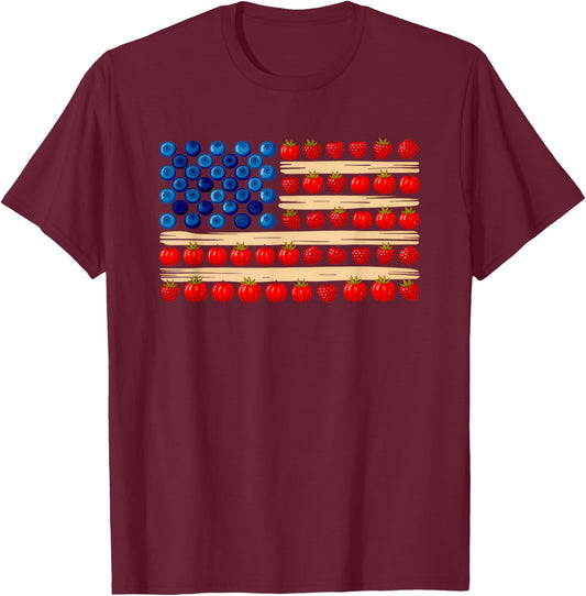 American Flag Blueberries Strawberries Raspberries USA T-Shirt - T-Shirt | Maroon