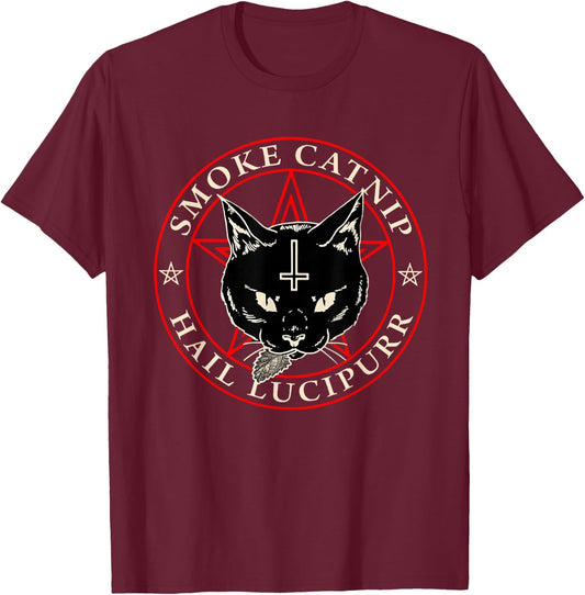 Satanic Black Cat Hail Satan Smoke Catnip Hail Lucipurr Weed T-Shirt - T-Shirt | Maroon