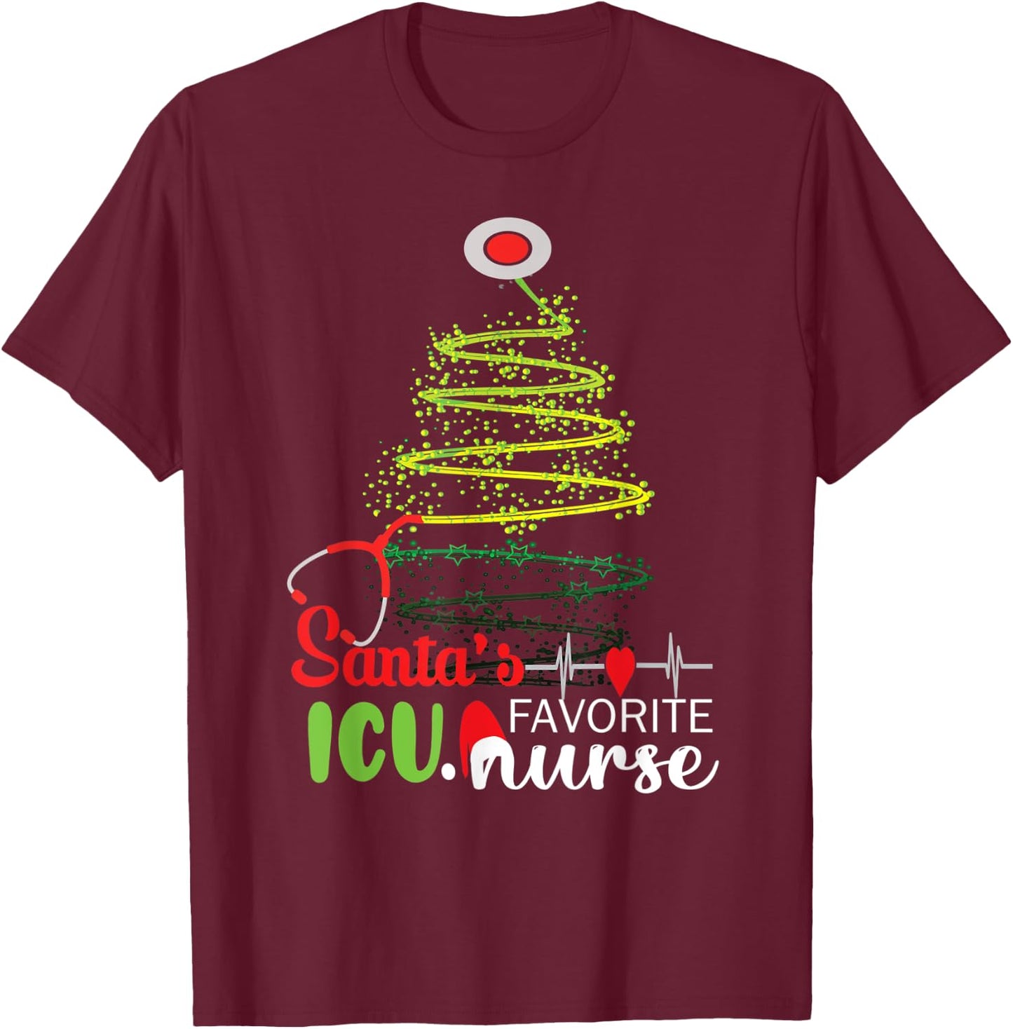 Christmas Party Intensive Care Santa's Favorite ICU Nurse T-Shirt - T-Shirt | Maroon