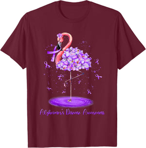 Purple Flamingo Alzheimers Disease Awareness Month November T-Shirt - T-Shirt | Maroon