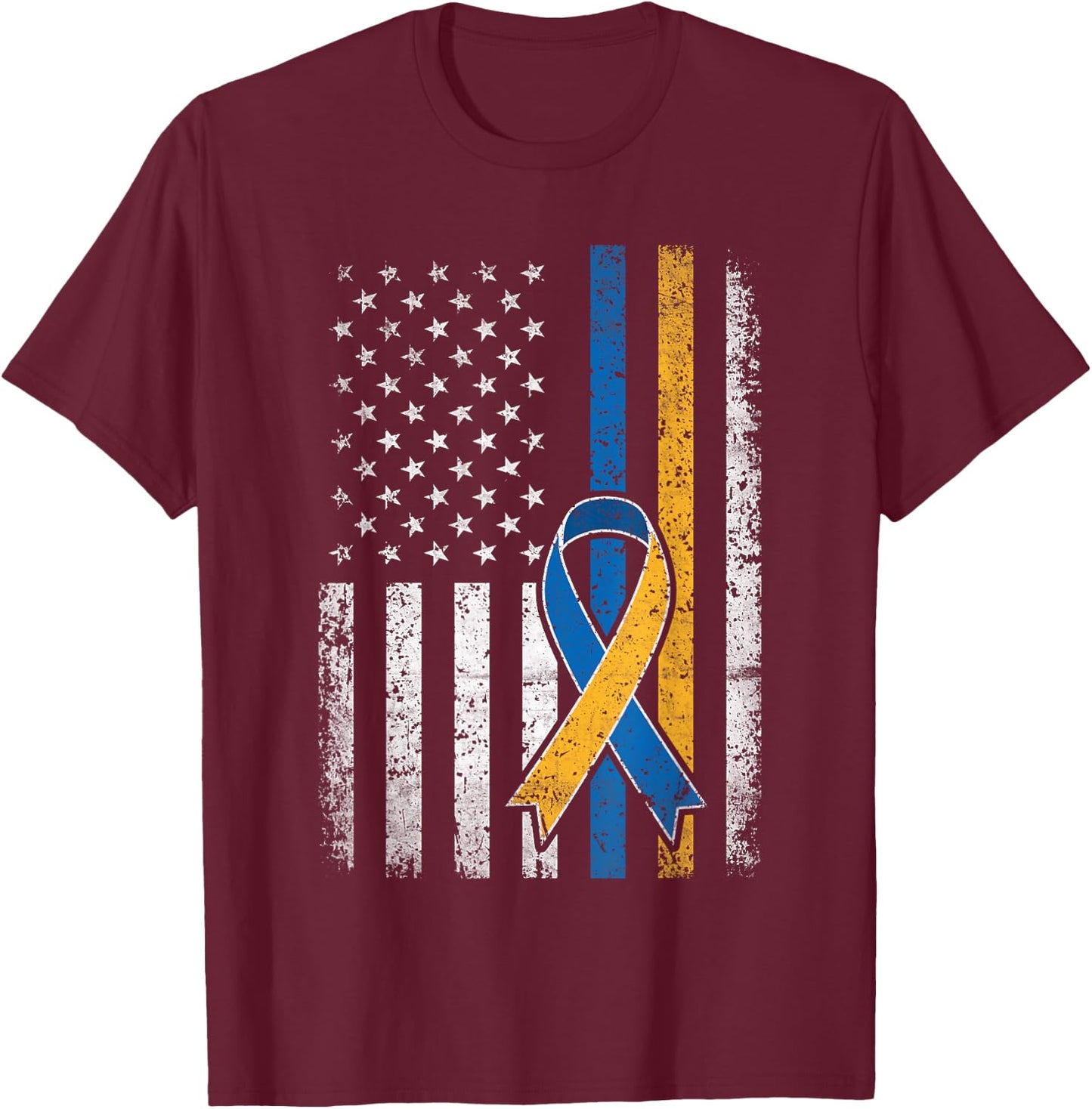 Down Syndrome Shirt USA Flag Retro Blue and Yellow Ribbon T-Shirt - T-Shirt | Maroon