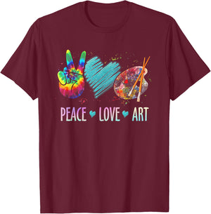 Peace Love Art Painting Palette Art Teacher T-Shirt - T-Shirt | Maroon