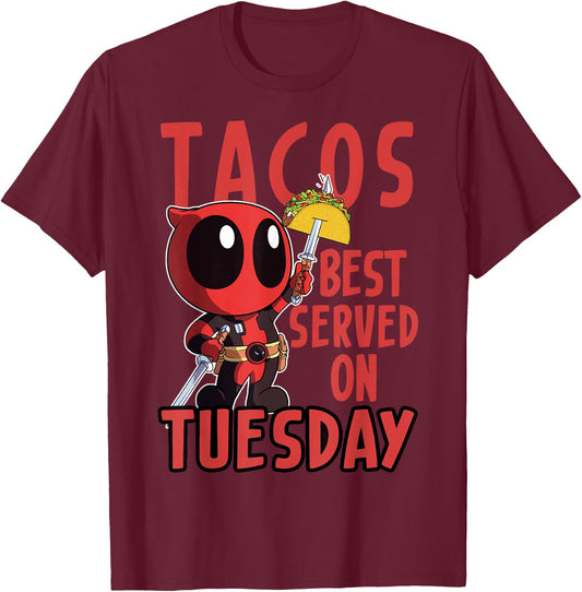 Marvel Deadpool Tacos Best Served On Tuesday T-Shirt - T-Shirt | Maroon