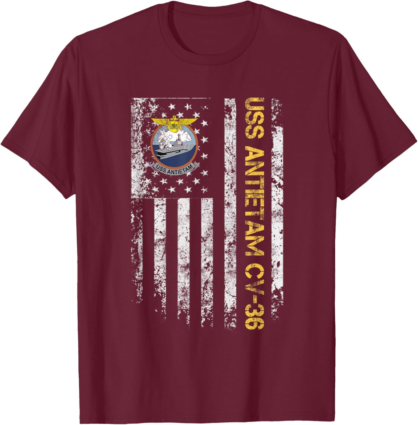 USS Antietam CV-36 Aircraft Carrier USA Flag Veterans Day Women Men T-Shirt - T-Shirt | Maroon